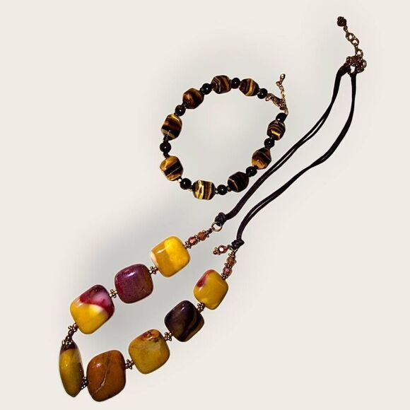 Handcrafted Necklace / Bracelet Tigers Eye Stones Glass Agate Gold Chain Jewelry - Picture 2 of 5